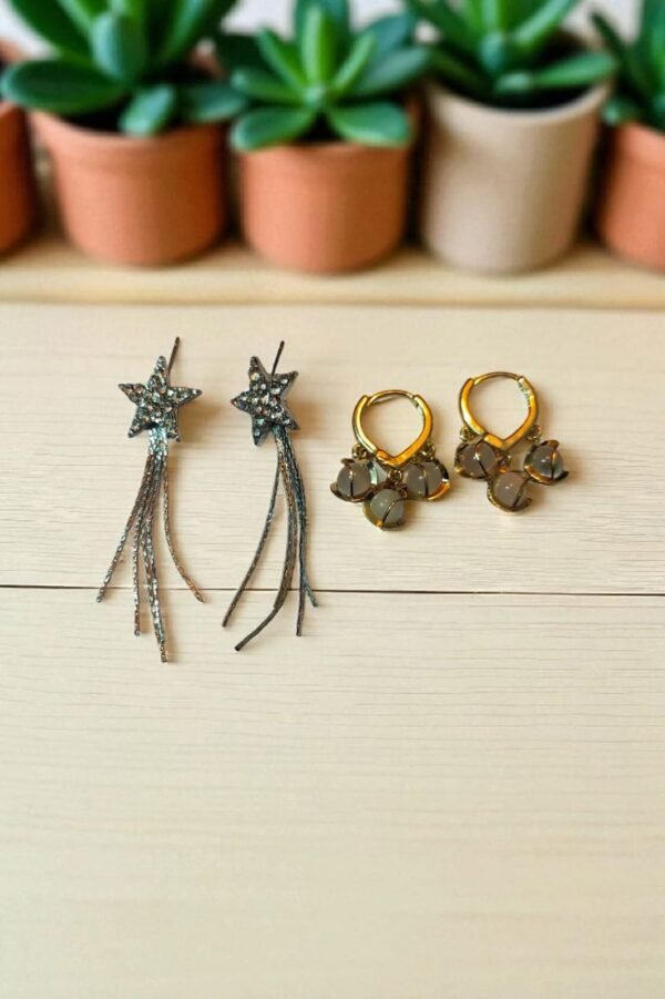 Sparkling Shooting Star Silver Dangle Earrings for Women & Girls – Trendy Party Wear Jewelry/ FREE-Elegant Gold-Plated Hoop Earrings with Moonstone-Inspired Dangling Charms – Lightweight, Gift-Ready Jewelry for Women & Girls. Quantity-2