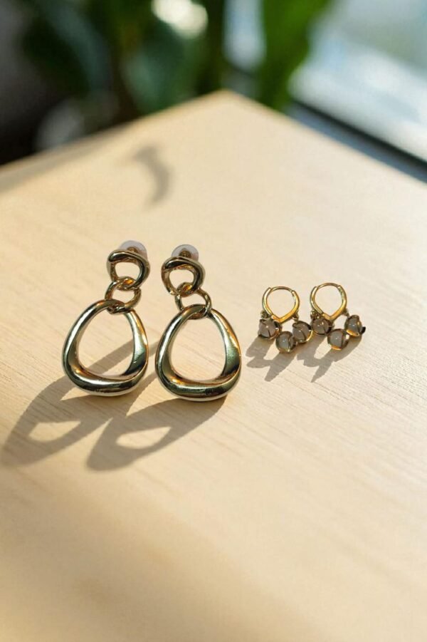 Elegant Gold-Plated Loop Drop Earrings for Women – Stylish Lightweight Party Wear Jewelry/ FREE-Elegant Gold-Plated Hoop Earrings with Moonstone-Inspired Dangling Charms – Quantity-2